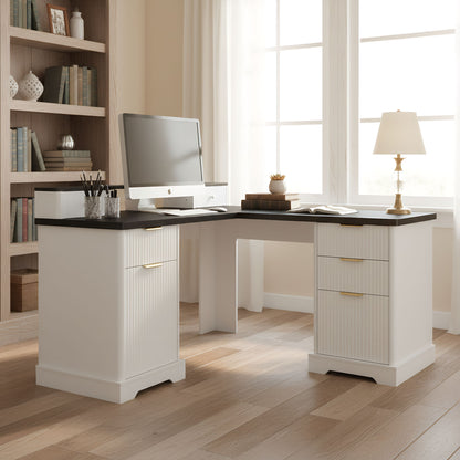 Fluted L-Shaped Desk With Charging Station &amp; Storage Cabinet