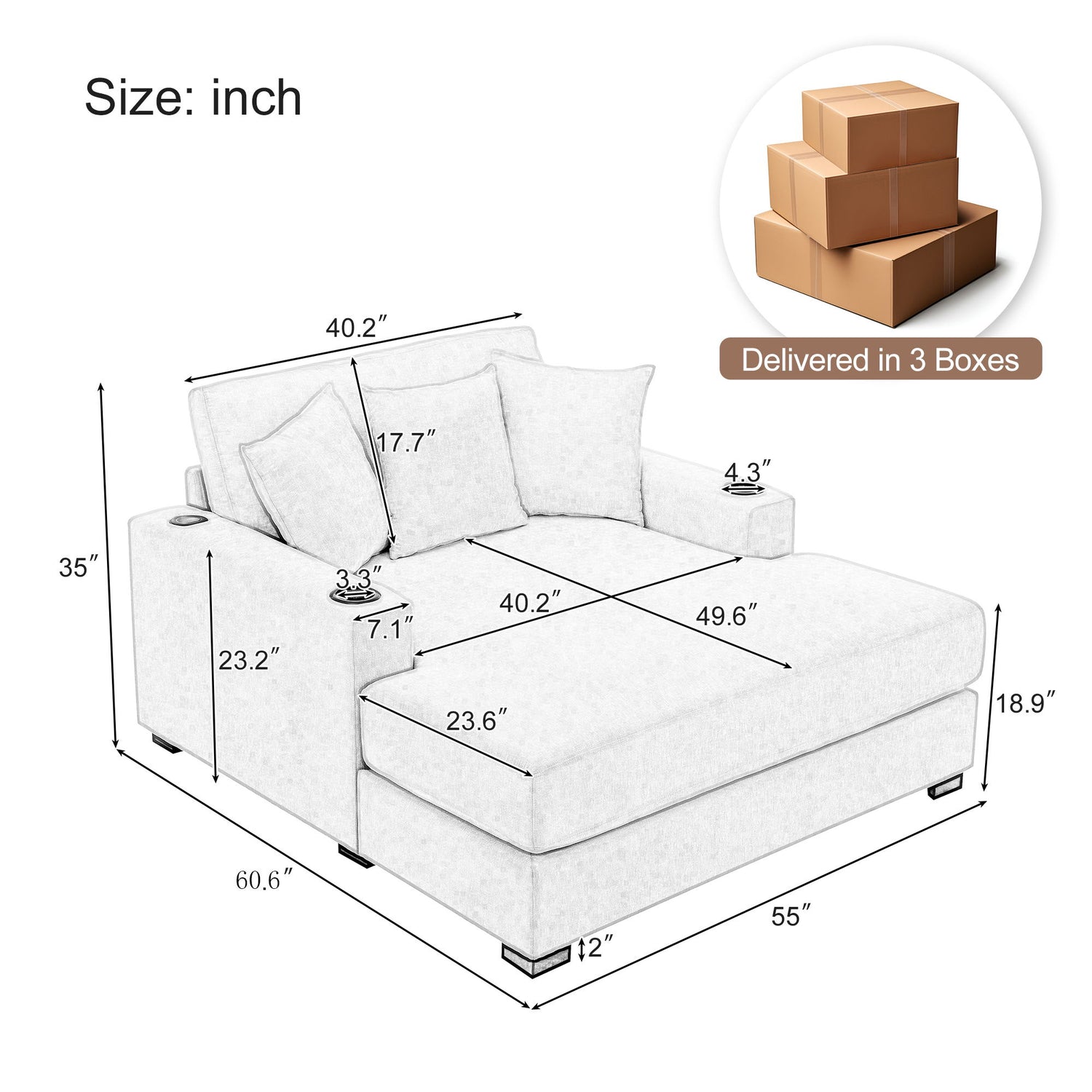 Oversized Chaise Lounger Modern Style Sofa Couch, With Pillows, Charge Station &amp; Cup Holders
