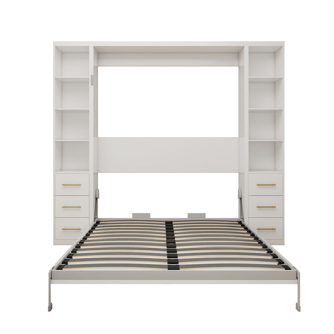 Queen Size Murphy Wall Bed With Side Storage Cabinets - White