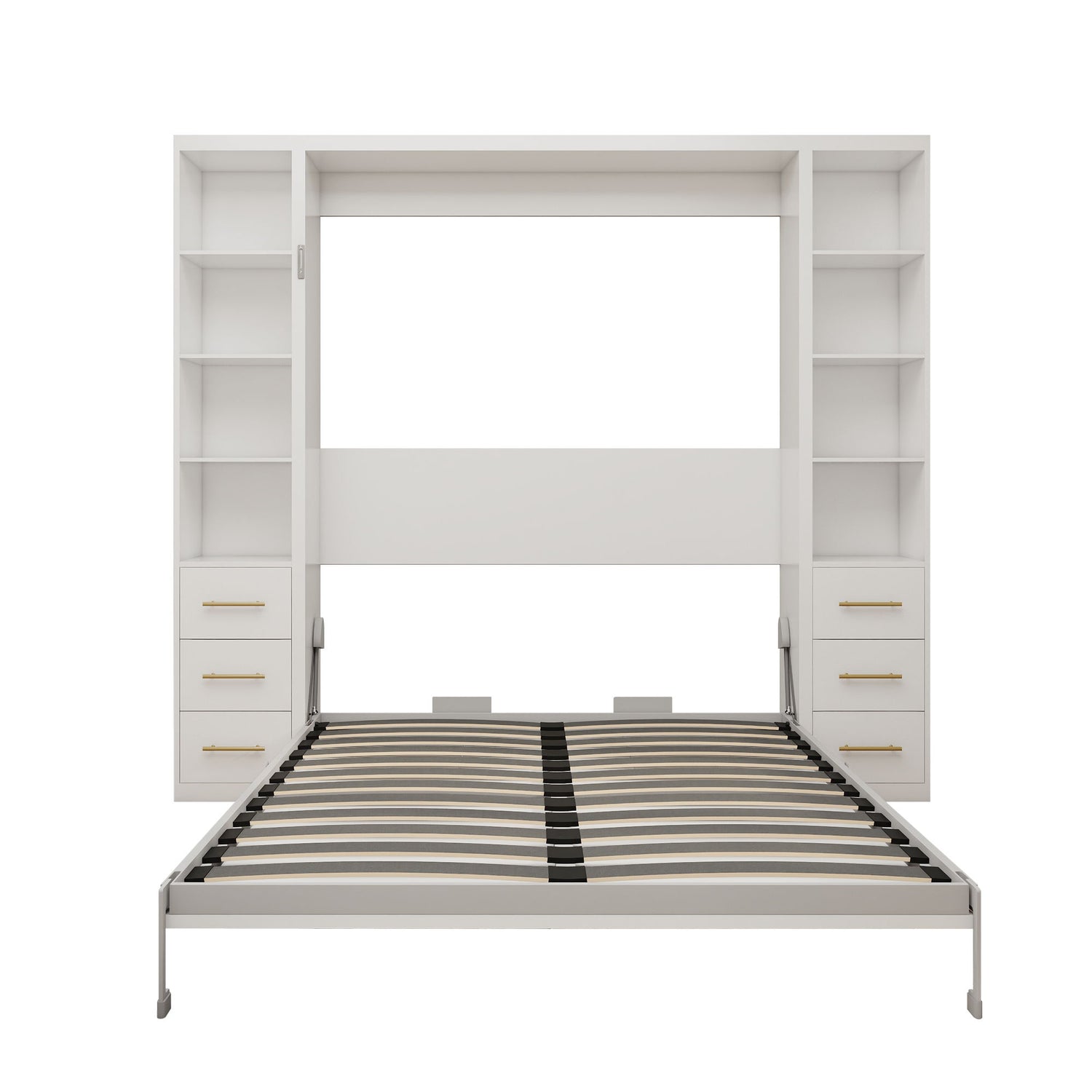 Queen Size Murphy Wall Bed With Side Storage Cabinets - White