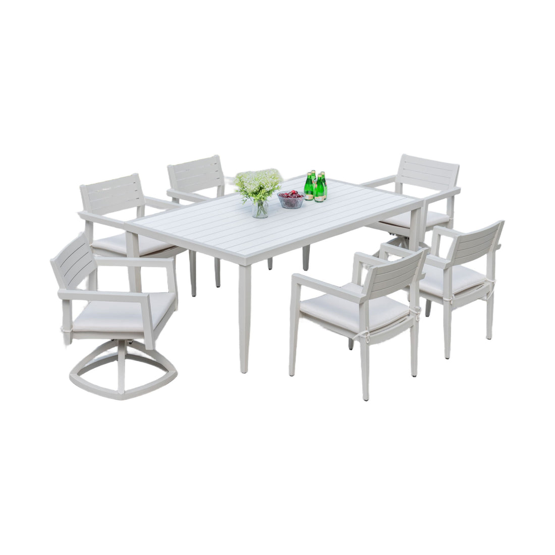7 Piece Dining Set Modern Outdoor Patio Furniture, Including 4 Dining Chairs &amp; 2 Swivel Rockers Sunbrella Fabric Cushioned And Rectangle Dining Table With Umbrella Hole