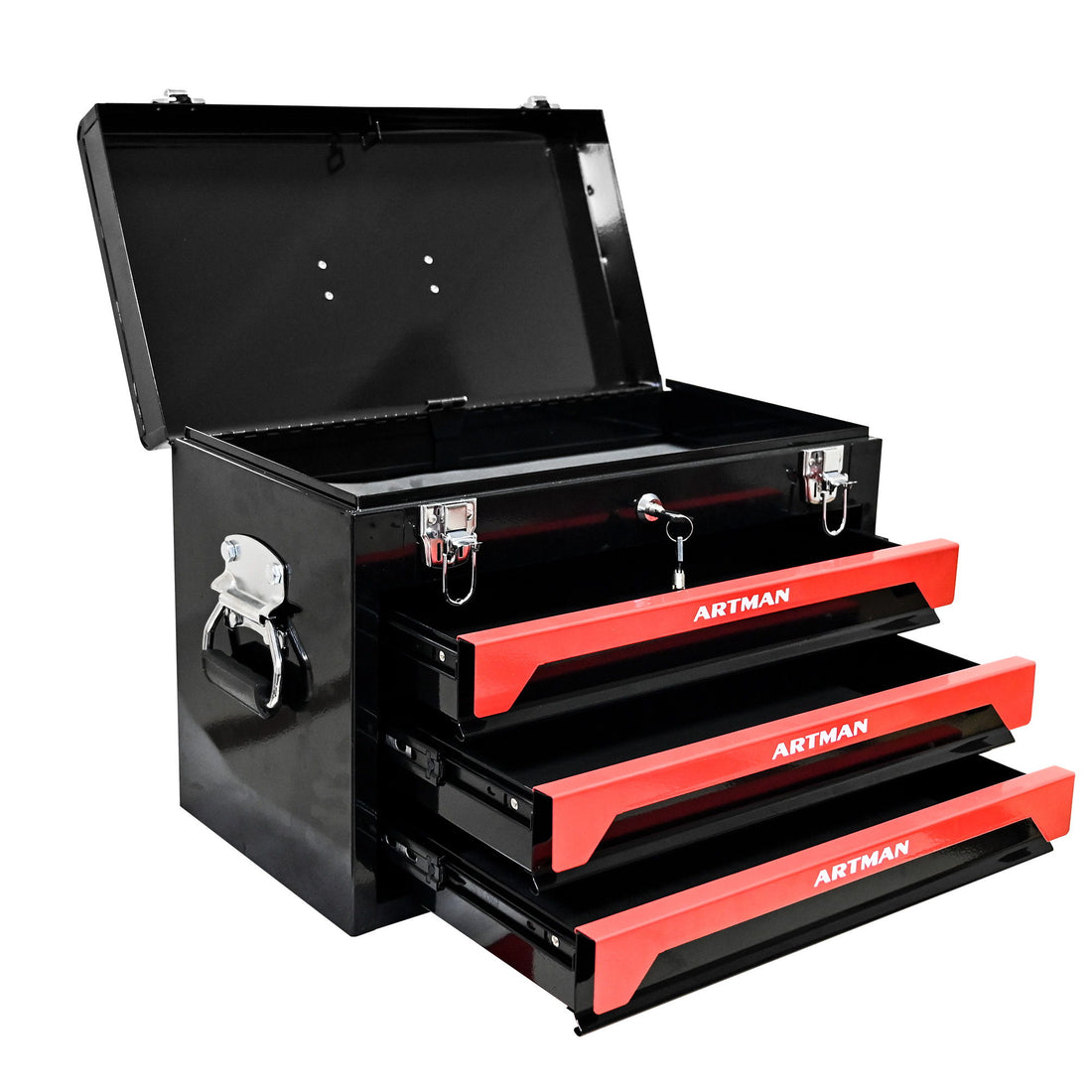 Portable 20&quot; Steel Tool Box With 3 Drawers And Metal Latch Closure - Black / Red