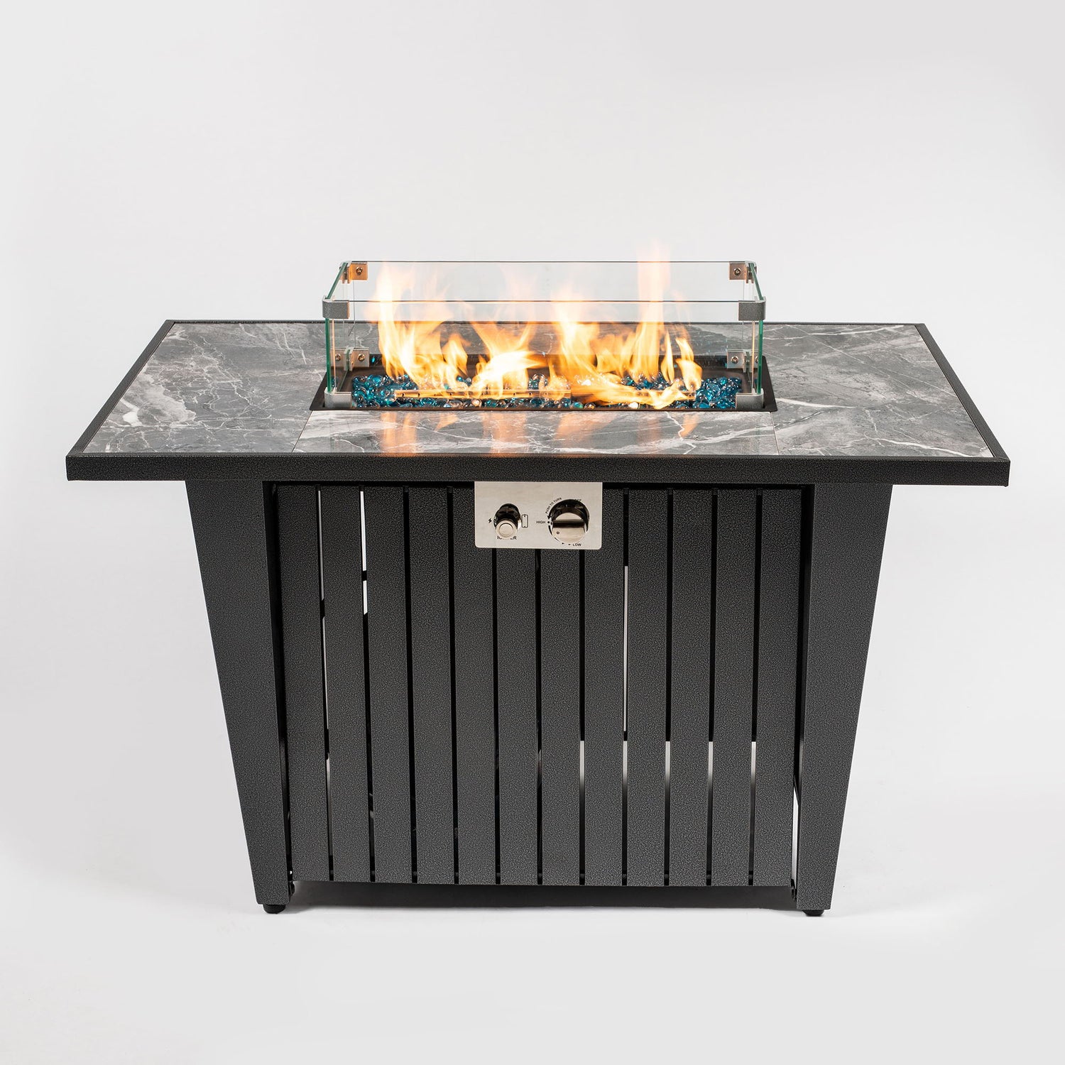 Morden Steel Fire Pit Table With Marble Tile Tabletop, Glass Wind Guard And Lid