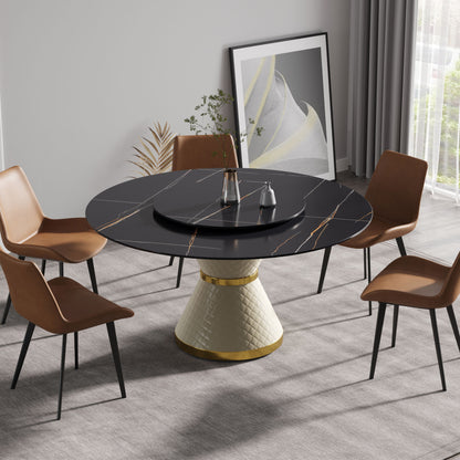59.05&quot; Modern Artificial Stone Round Carbon Steel Base Dining Table, Can Accommodate 6 People, Artificial Stone Turntable - White / Black