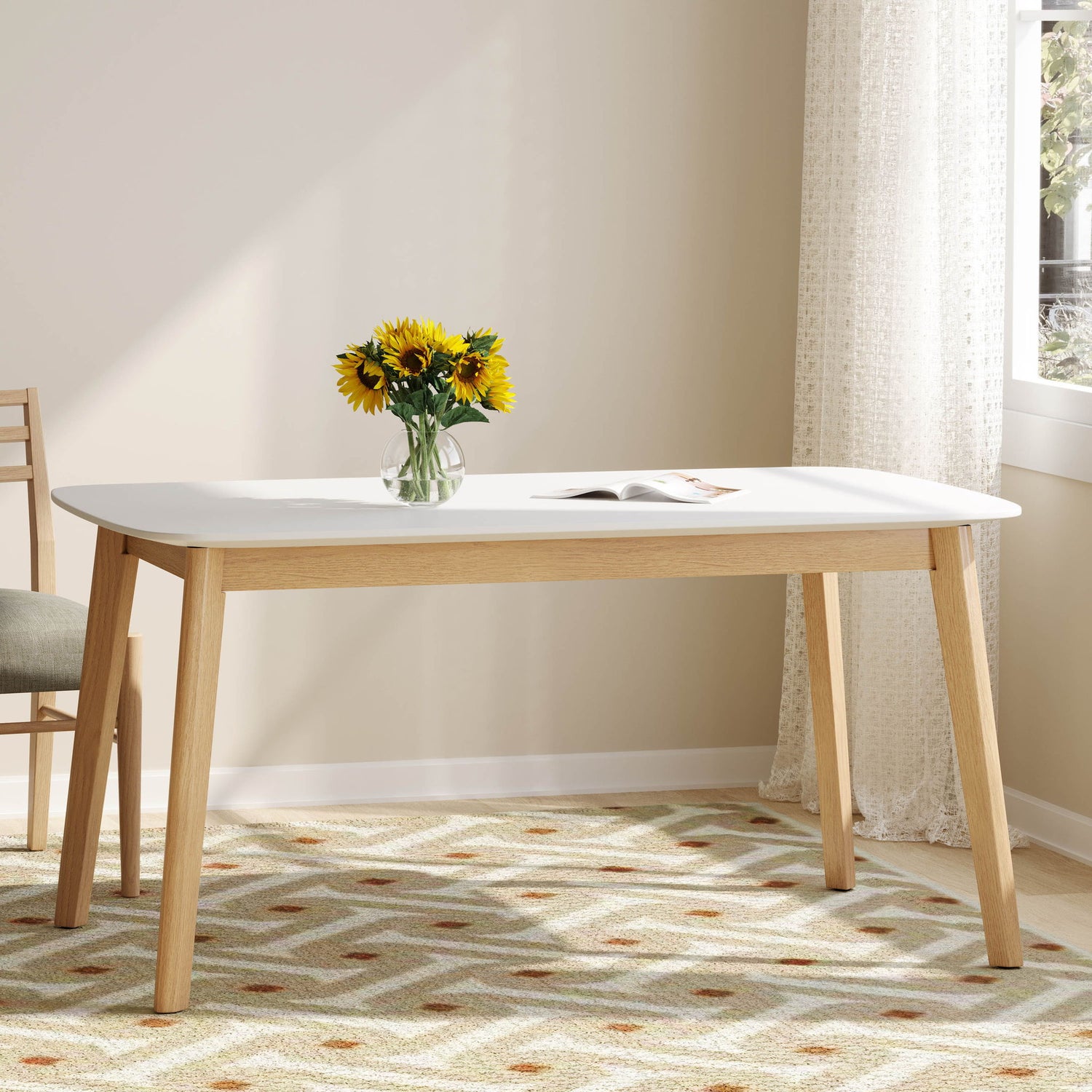 Dining Table With Splayed Rubberwood Legs &amp; Faux Wood Tabletop, Mid Century Modern - White Oak