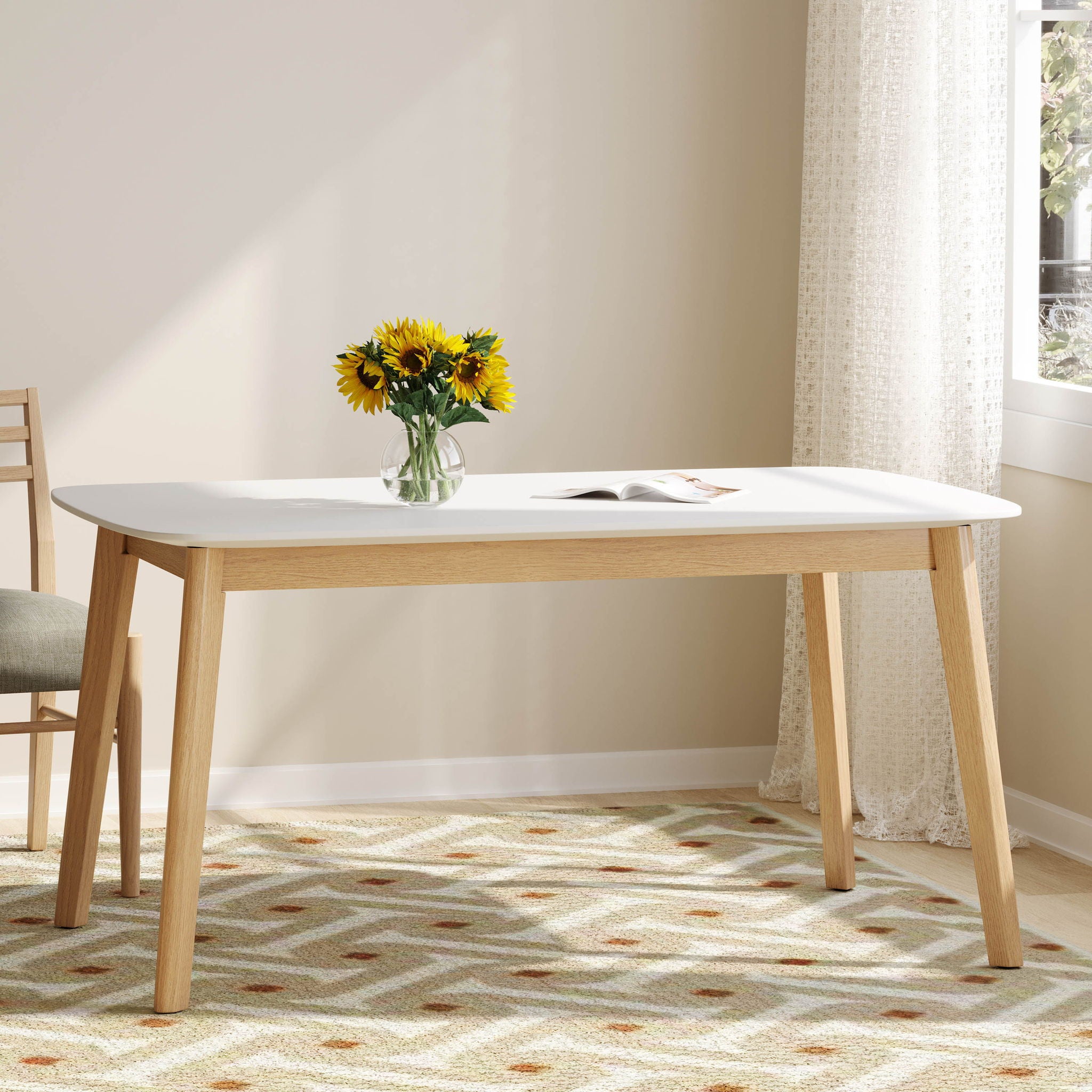 Dining Table With Splayed Rubberwood Legs &amp; Faux Wood Tabletop, Mid Century Modern - White Oak