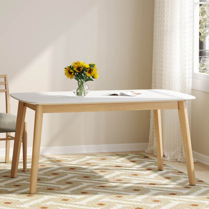 Dining Table With Splayed Rubberwood Legs &amp; Faux Wood Tabletop, Mid Century Modern - White Oak