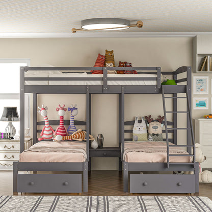 Full Over Twin &amp; Twin Bunk Bed, Triple Bunk Bed With Drawers - Gray