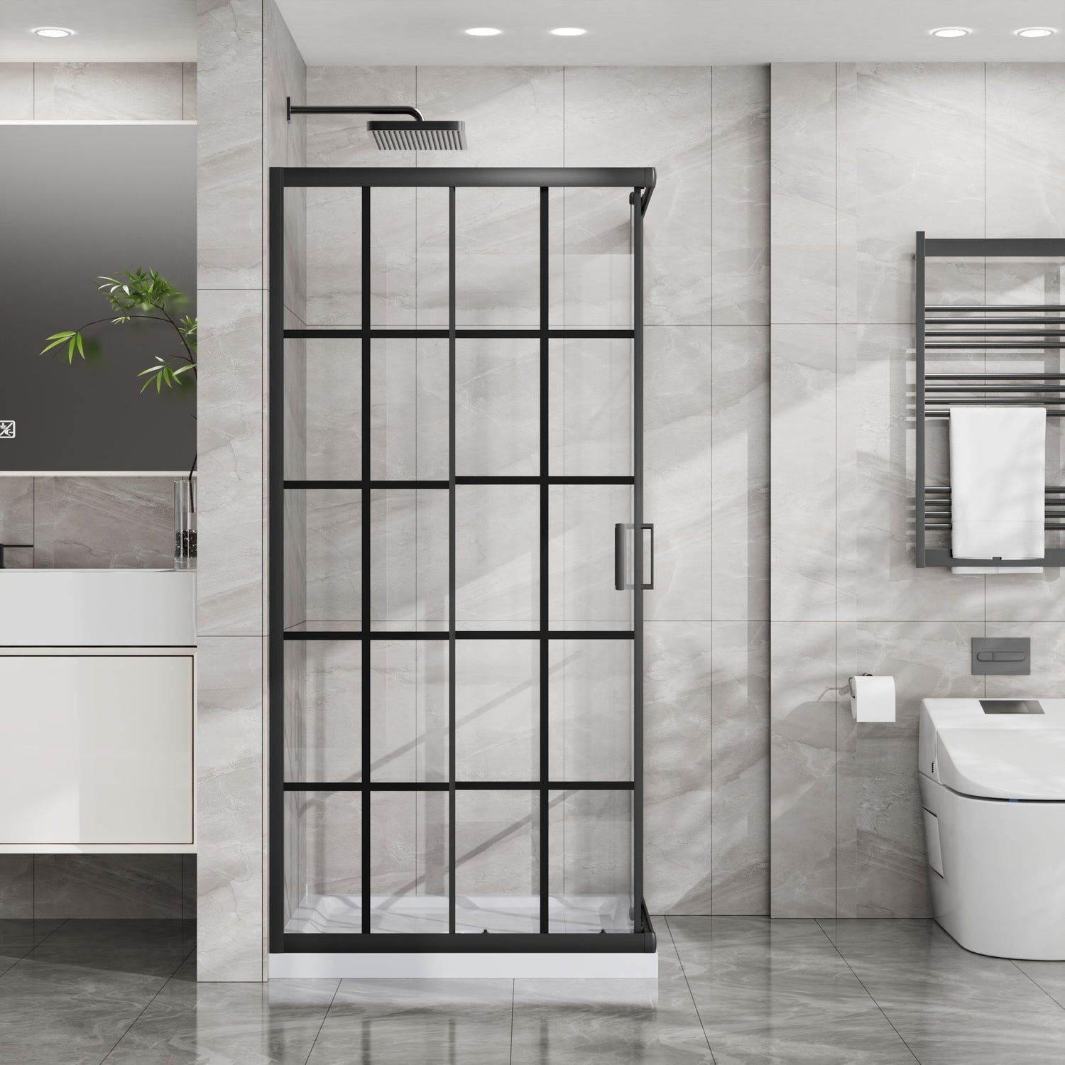 Corner Shower Door, Shower Enclosure With Dual Sliding Doors - Matte Black