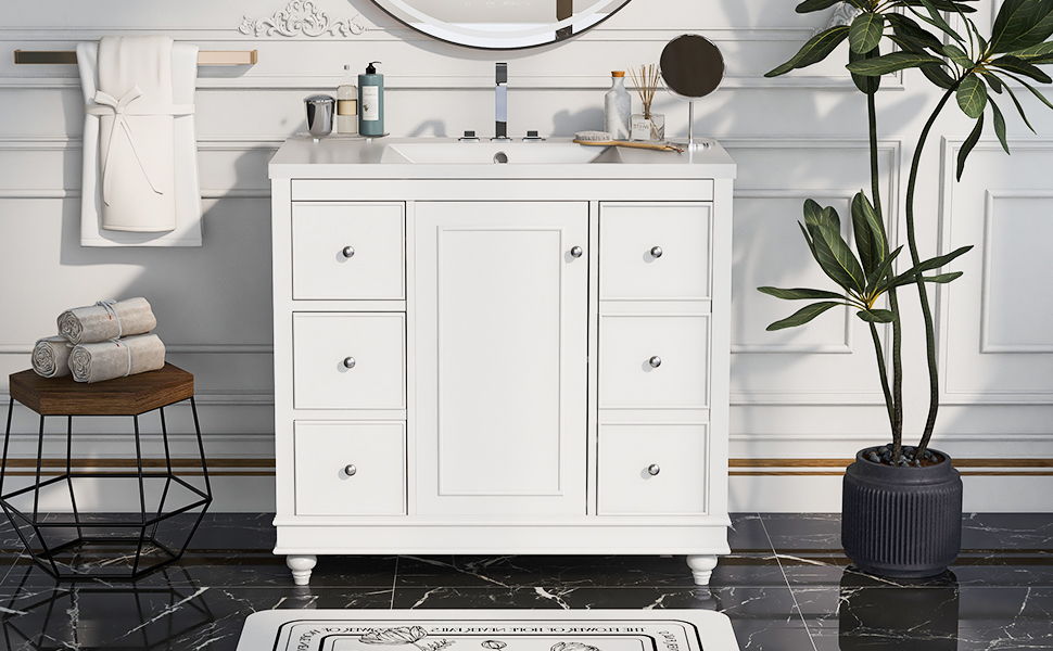 Contemporary Bathroom Vanity Cabinet, 4 Drawers &amp; 1 Cabinet Door, Multipurpose Storage, Resin Integrated Sink, Adjustable Shelves, Solid Wood Frame With MDF