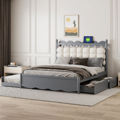 Storage Platform Bed, With 2 Big Drawers, Trundle, One Set Of Sockets &amp; USB Ports