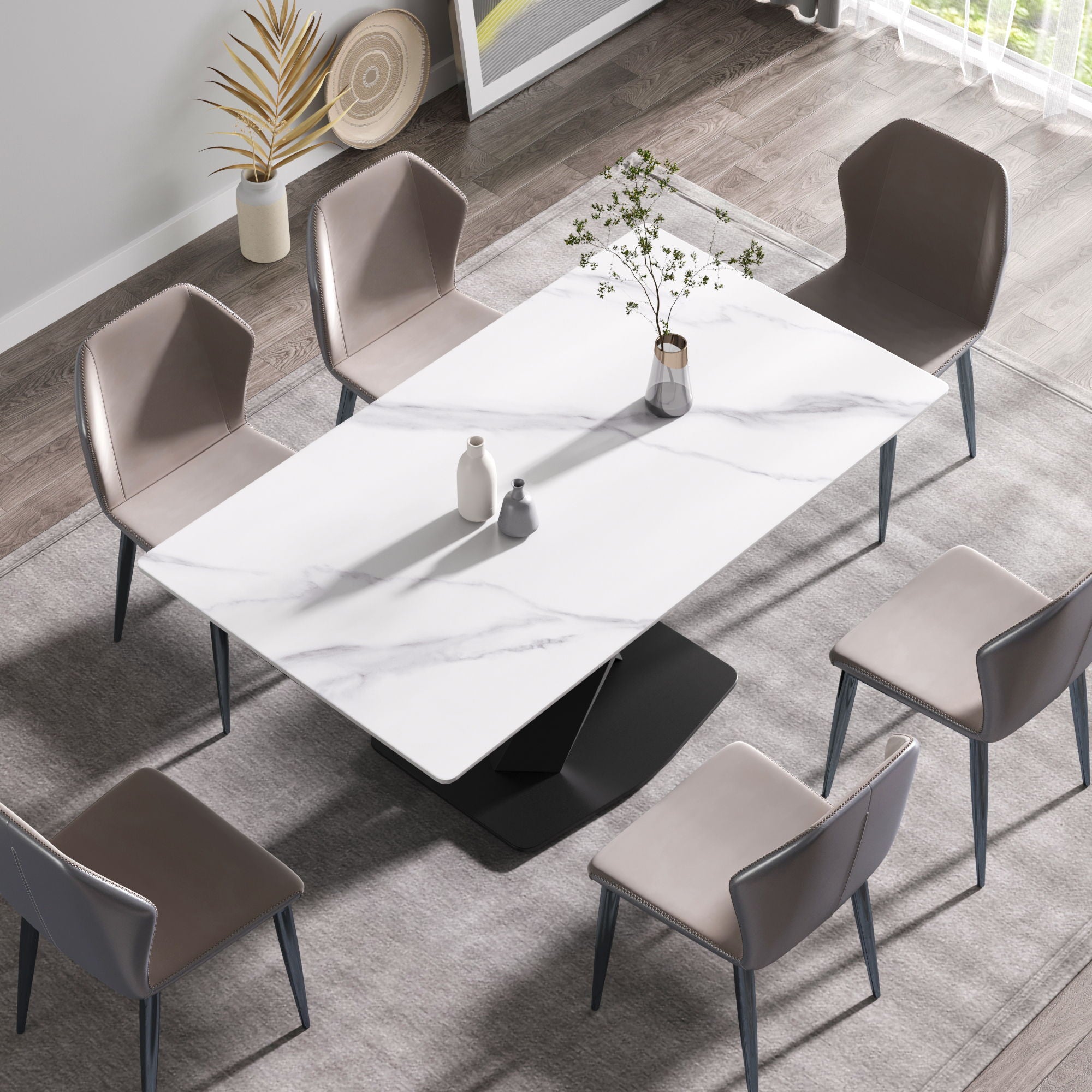 63&quot; Modern Artificial Stone Straight Edge Metal X-Leg Dining Table, 6 People - White / Black