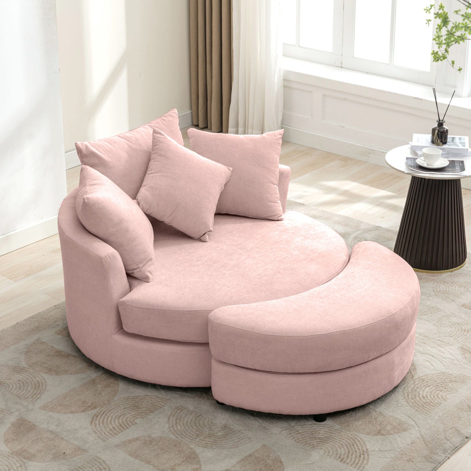 360° Swivel Accent Barrel Chair With Storage Ottoman &amp; 4 Pillows, Modern Leisure Chair Round Accent For Living Room