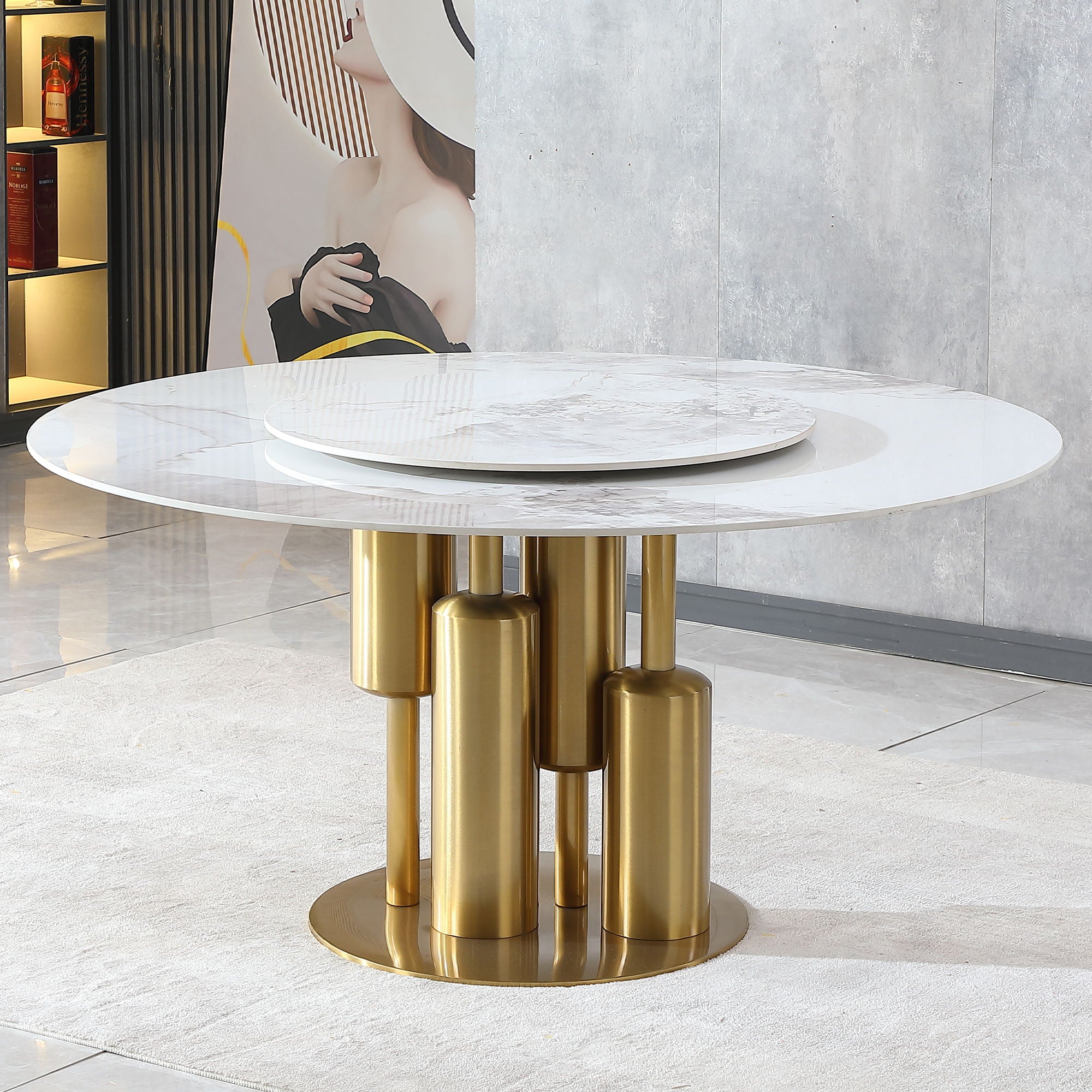 53&quot; Round Marble Dining Table With Lazy Susan, Dining Room, Dinette (Table Only) - Gold / Gold / White