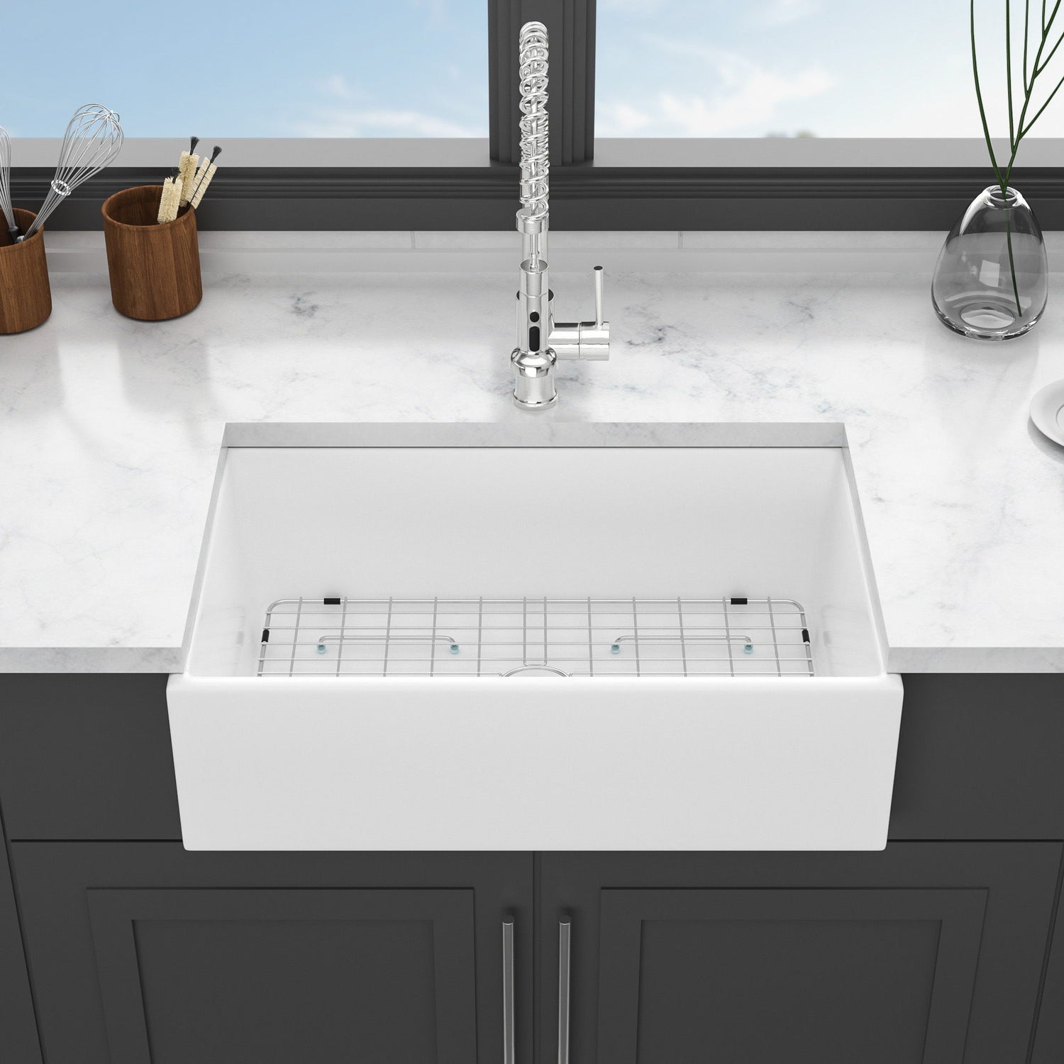 33&quot; Undermount Sink With Apron Front, Single Bowl, Grid - White