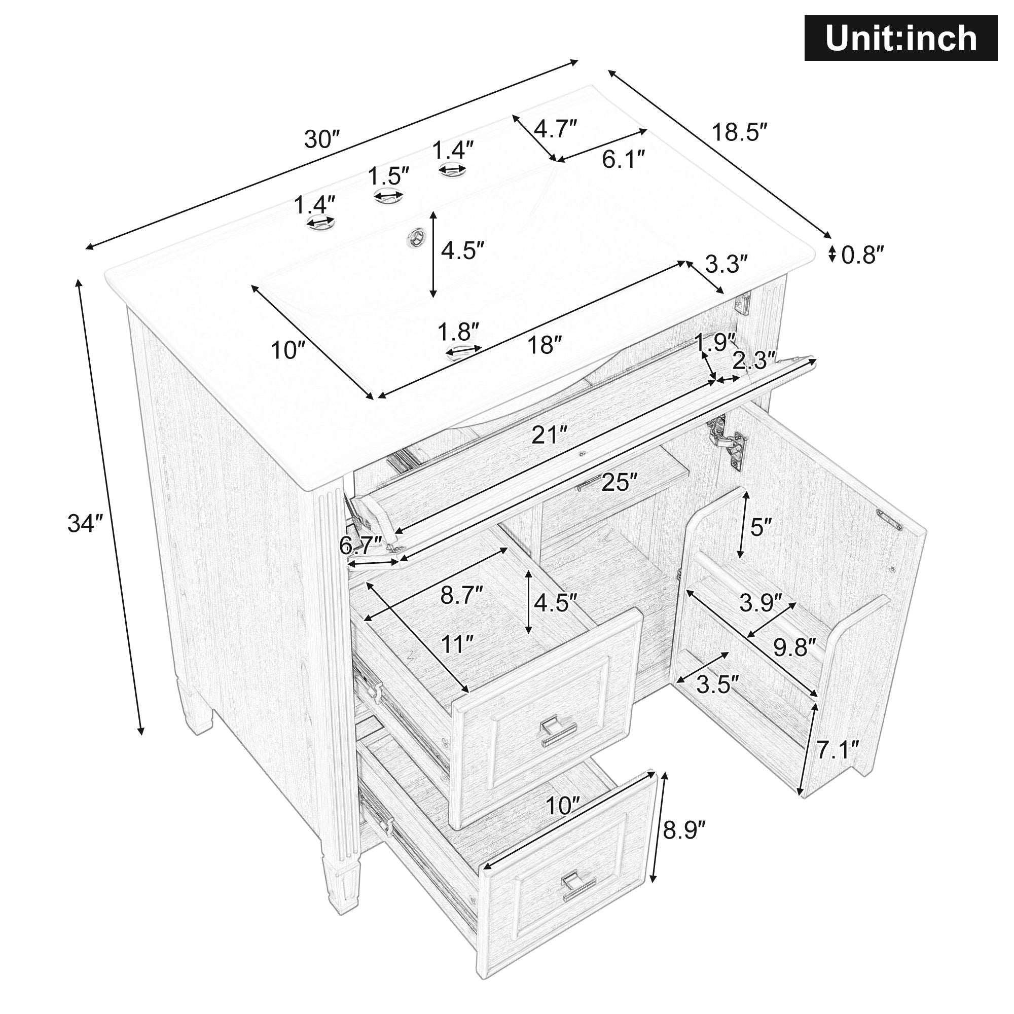 Bathroom Vanity With Sink, Flip Drawer &amp; Adjustable Shelf - Natural