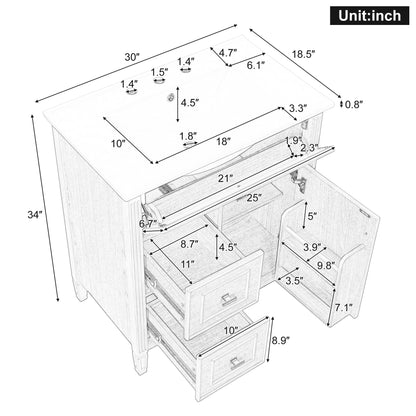 Bathroom Vanity With Sink, Flip Drawer &amp; Adjustable Shelf - Natural