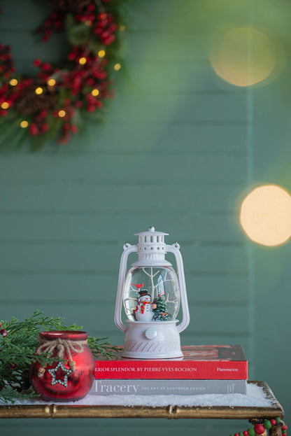Christmas Plastic / Resin Lantern With Snowman &amp; Tree LED / Water Spinning / 6 Hours Timer, 3*AA Batteries Required - White / Multi