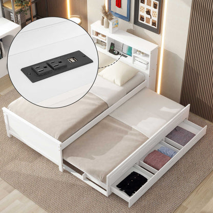 Platform Bed With Storage Headboard, USB, Trundle And 3 Drawers