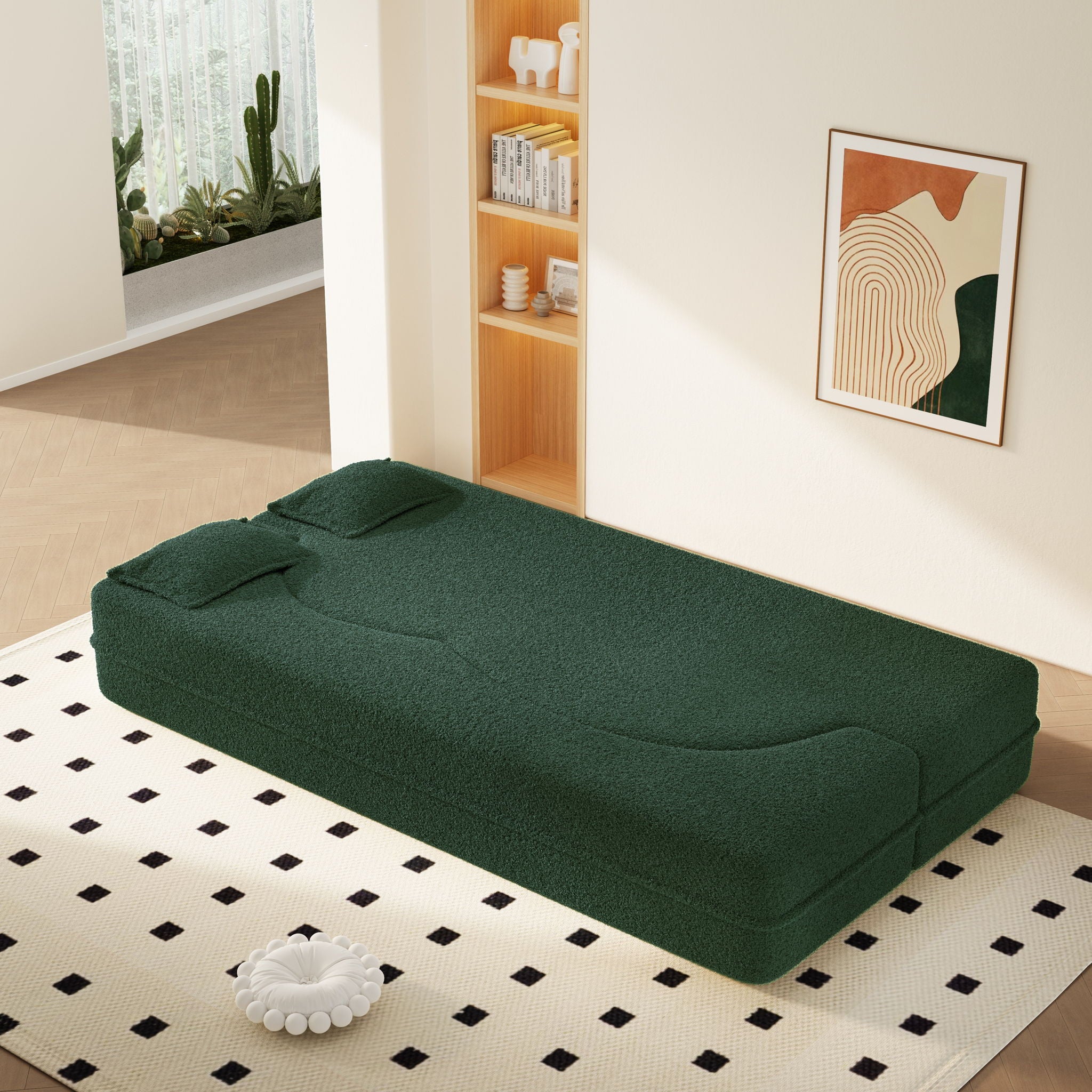 Modern Floor Sleeper Sofa Bed With 2 Pillows, Convertible Twin Size Folding Mattress For Living Room