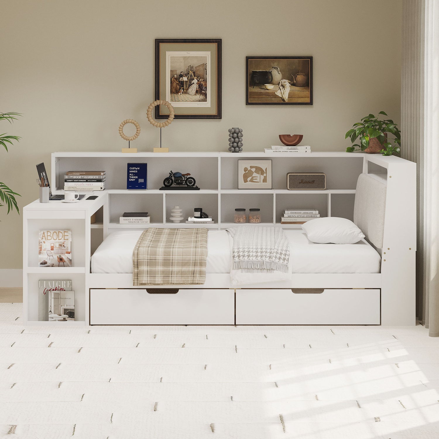 L Shaped Daybed With Desk, Bookcase, Upholstered Headboard, Drawers, And LED Light