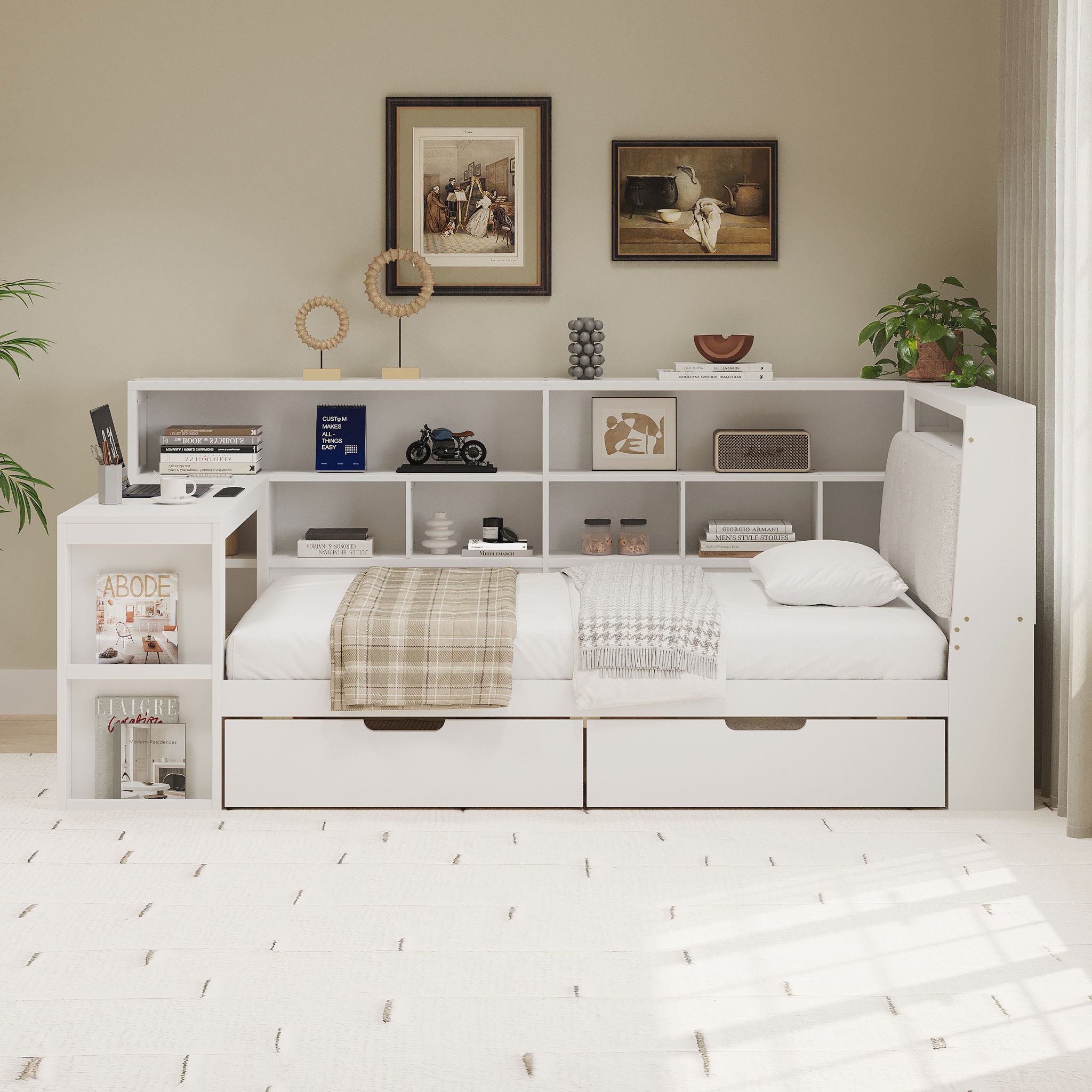 L Shaped Daybed With Desk, Bookcase, Upholstered Headboard, Drawers, And LED Light