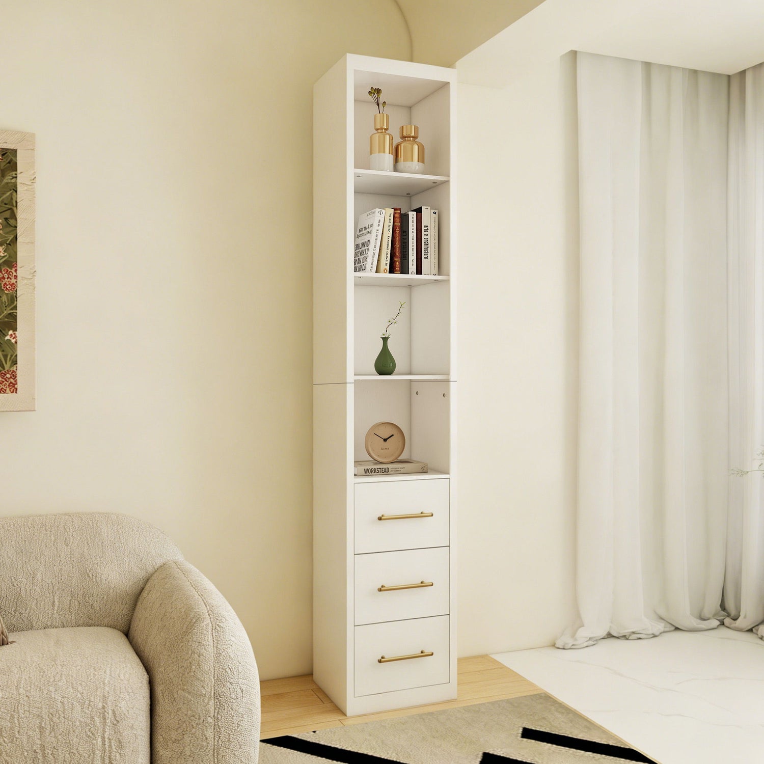 Rectangular Side Storage Cabinet With 3 Drawers For Bedroom - White