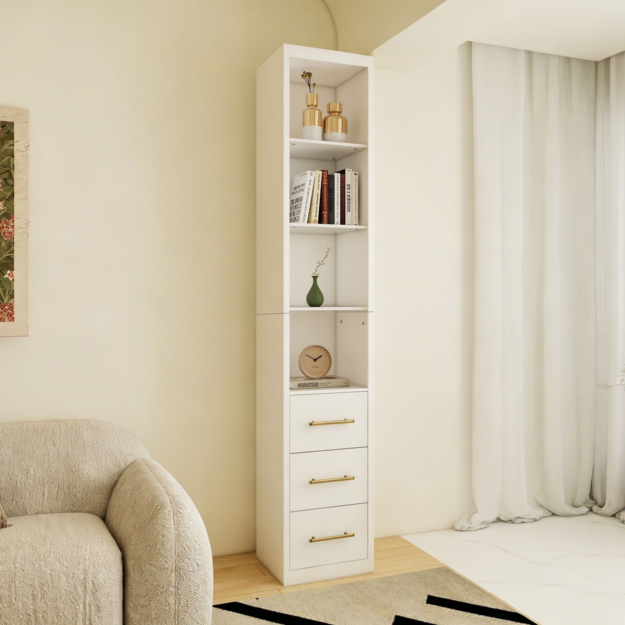 Rectangular Side Storage Cabinet With 3 Drawers For Bedroom - White
