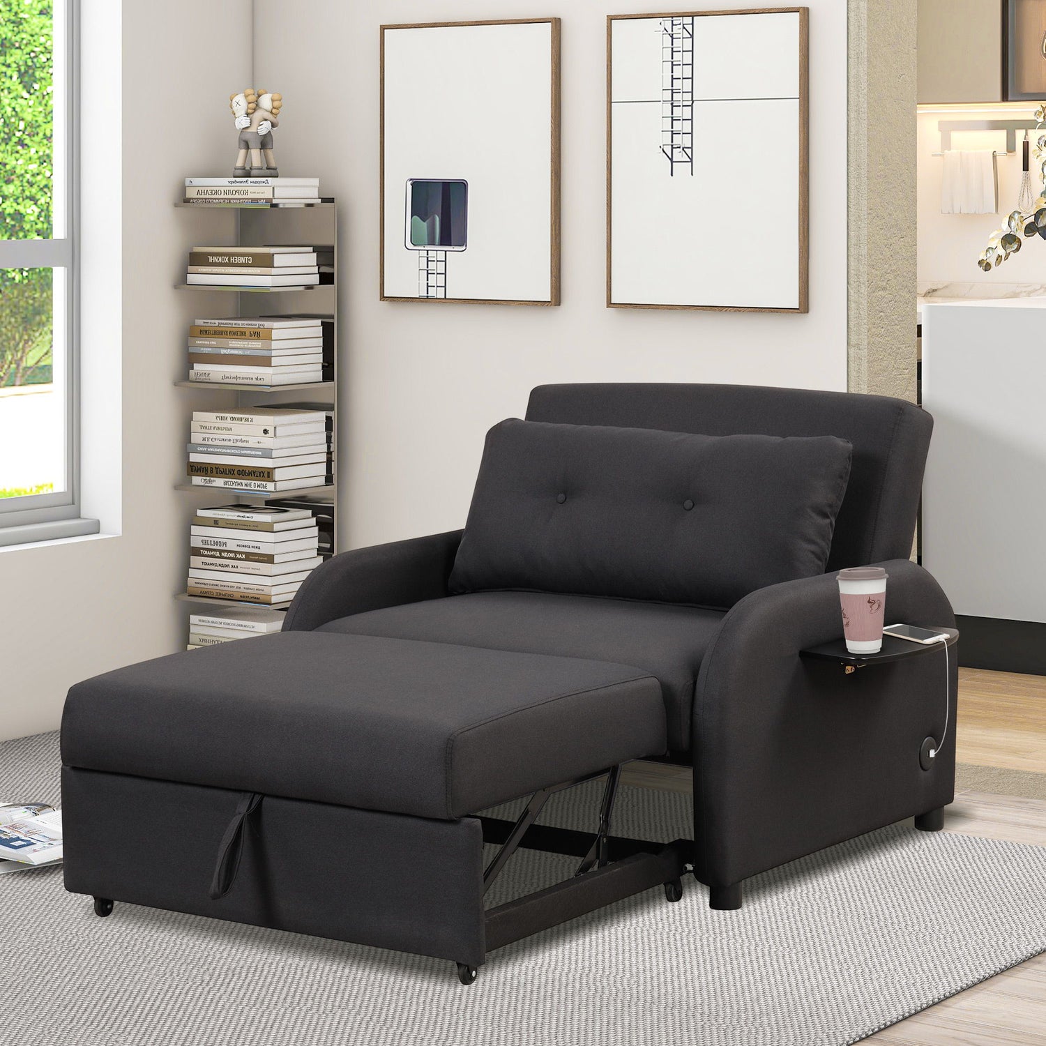Versatile Pull Out Sofa Sleeper 3 In 1 With Wing Table &amp; USB Charge, Compact Design