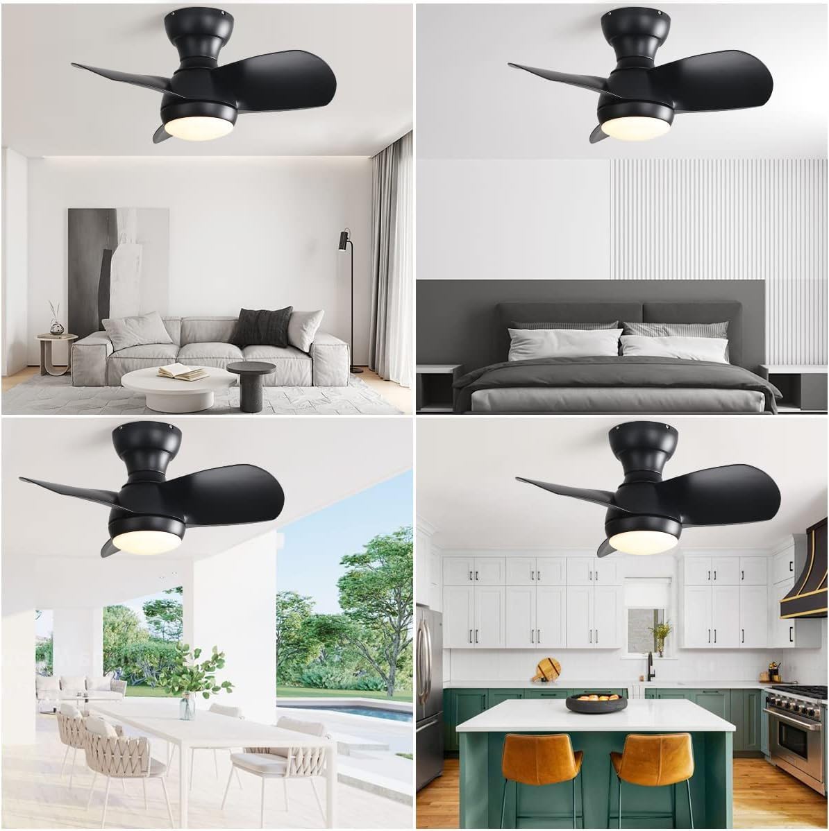 23&quot; Bedroom Ceiling Fan With 3 Color Dimmable 3 ABS Blades Remote Control Dc Motor Black With 18W Led Light