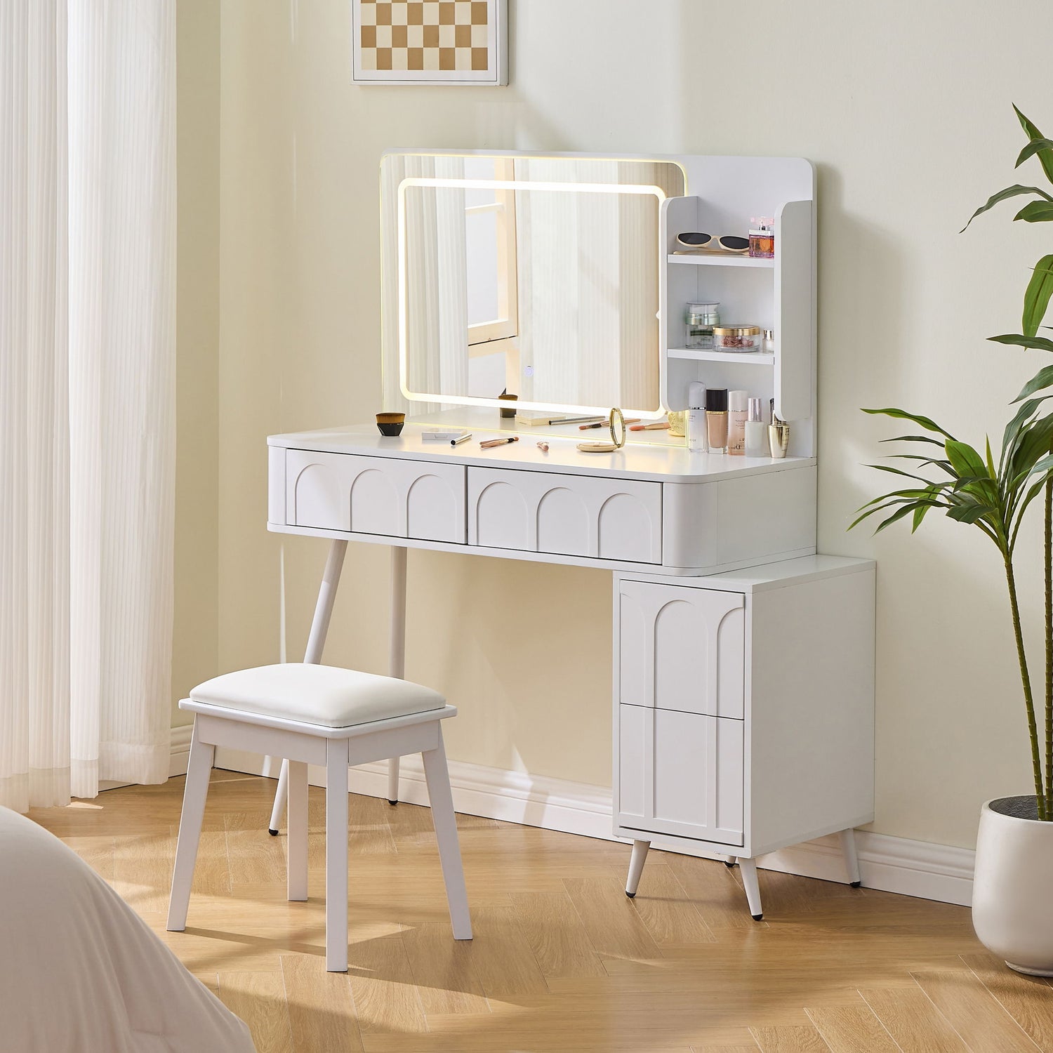 Modern Makeup Vanity Desk With LED Lights &amp; Mirror 4 Drawer Dressing Table Set Space Saving For Bedroom - White