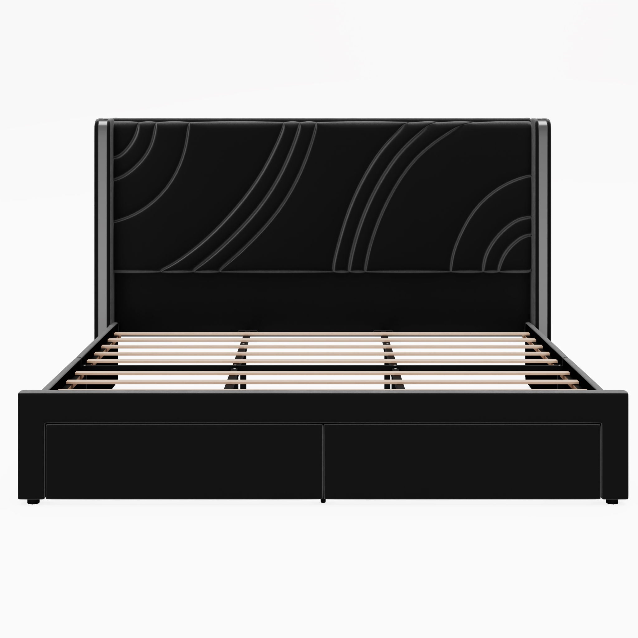 Modern Upholstered LED Bed Frame With Storage Drawers, Wingback Headboard, RGB Light