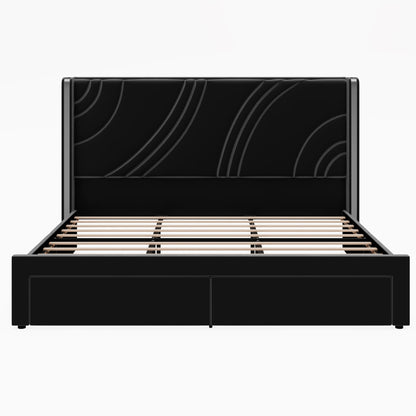 Modern Upholstered LED Bed Frame With Storage Drawers, Wingback Headboard, RGB Light