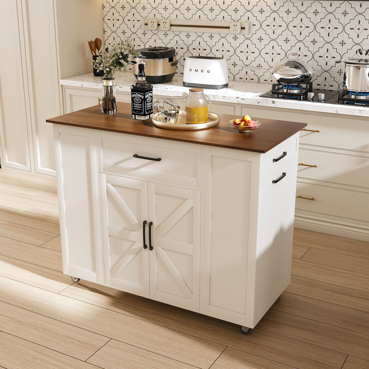 Rustic Movable Kitchen Island On Wheels With Storage &amp; Power Outlet - White