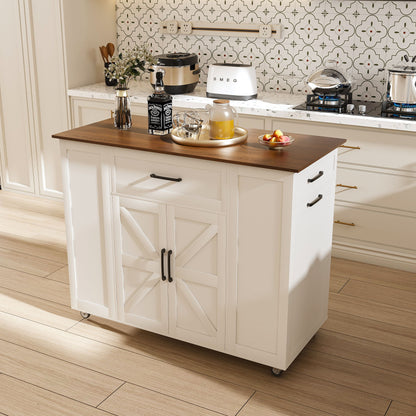Rustic Movable Kitchen Island On Wheels With Storage &amp; Power Outlet - White