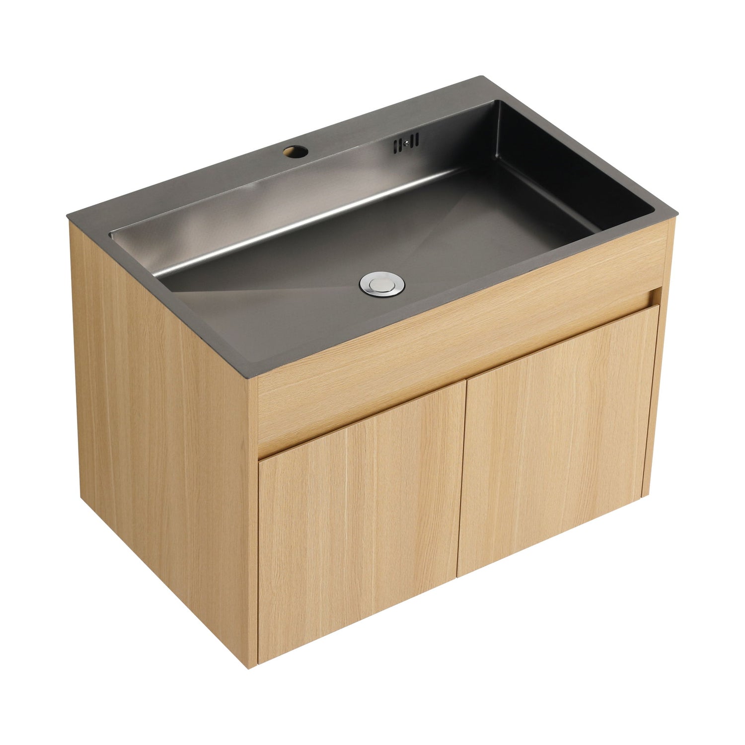 28" Wall Mounted Bathroom Vanity With Stainless Steel Sink, Soft Close Doors - Oak