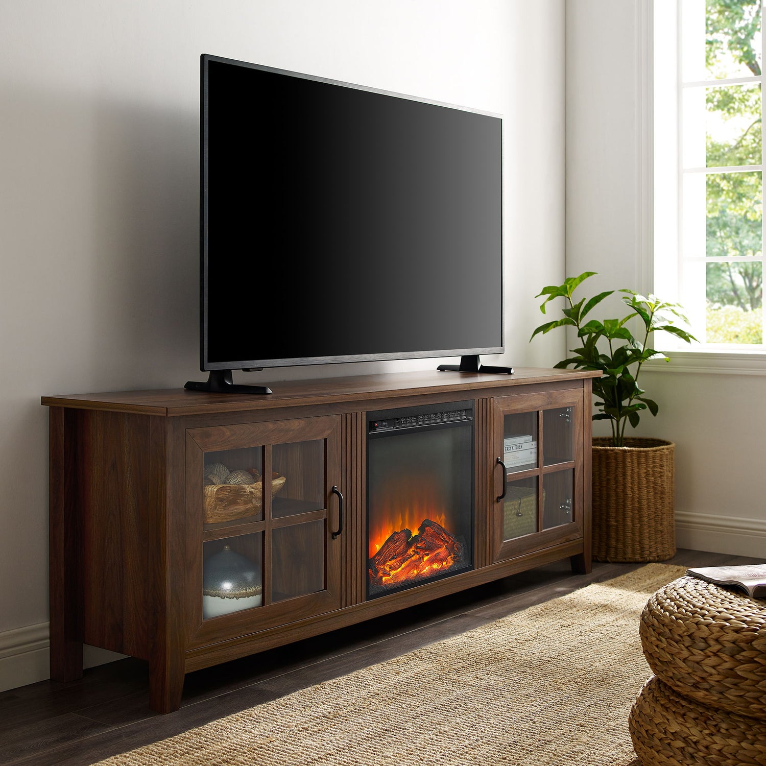 Modern Farmhouse 2 Door Glass Windowpane 70&quot; TV Stand For 80&quot; TVs