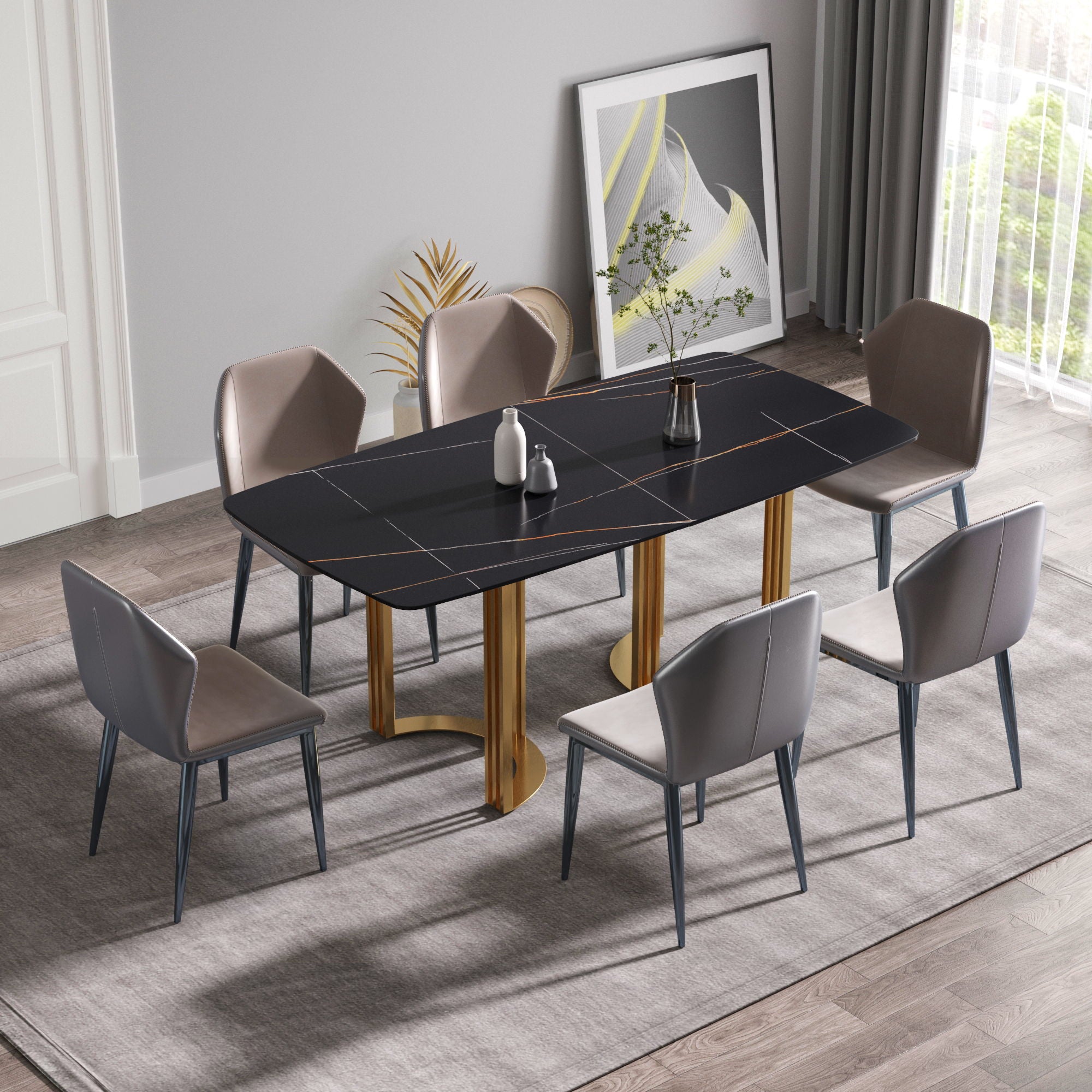 70.87&quot; Modern Artificial Stone Black Curved Metal Leg Dining Table, Can Accommodate 6-8 People - Black / Gold