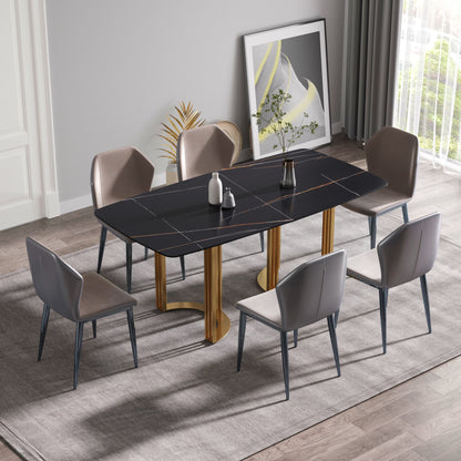 70.87&quot; Modern Artificial Stone Black Curved Metal Leg Dining Table, Can Accommodate 6-8 People - Black / Gold