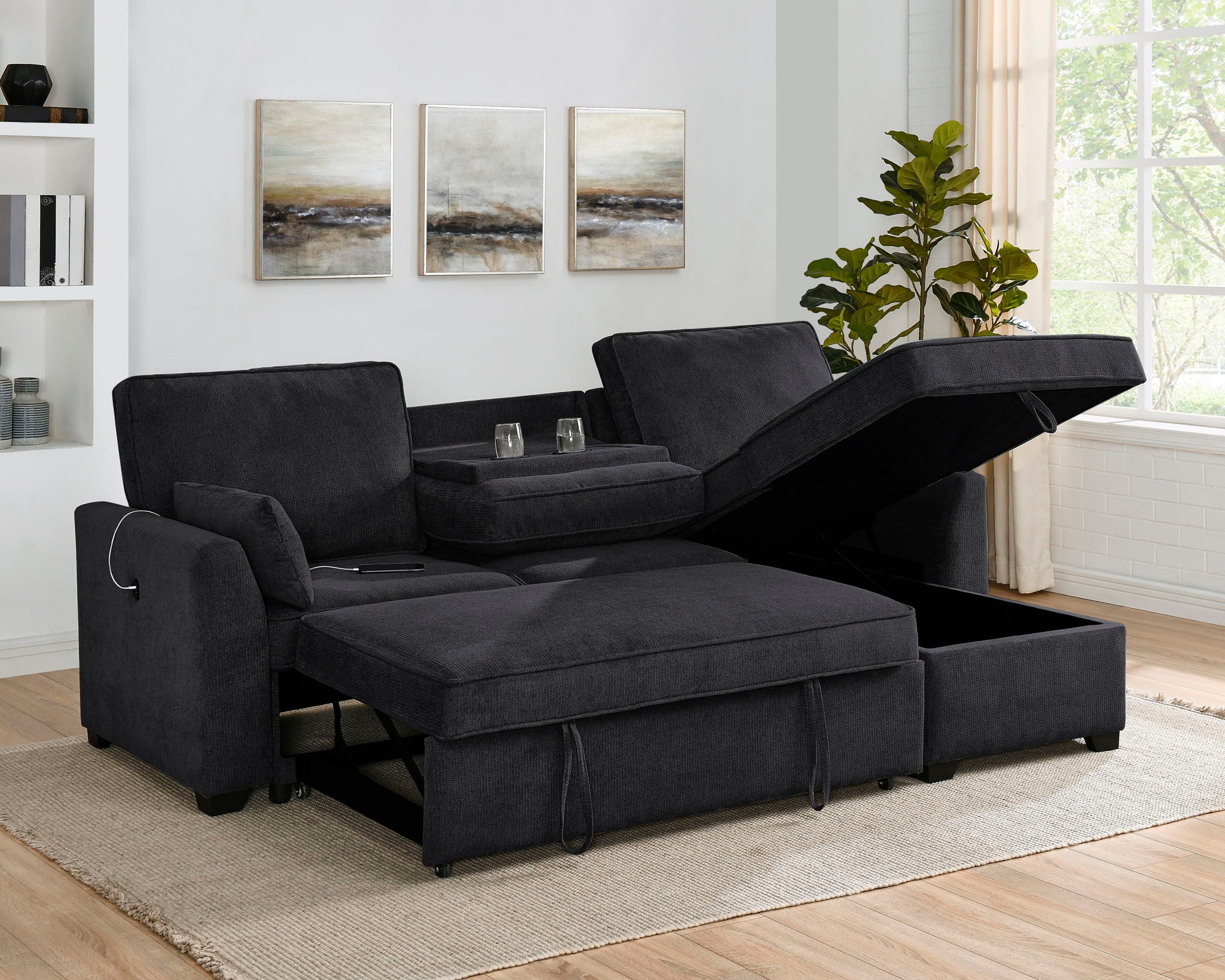 Ember - 92&quot;W Fabric Sleeper Sectional with Reversible Storage Chaise