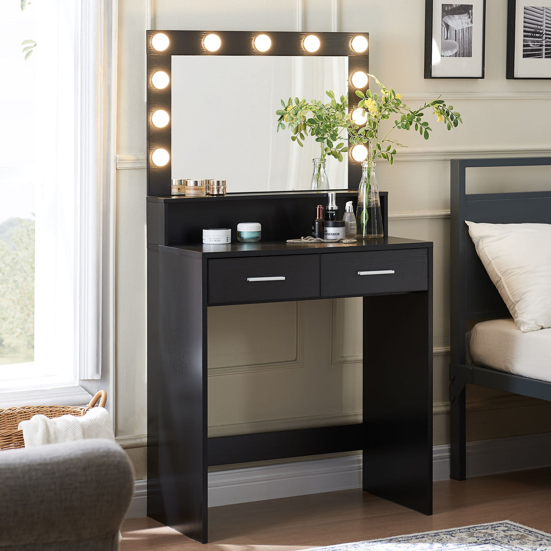 Vanity Desk With Mirror And Lights, Dressing Table With Large Drawer, 2 Level Storage Dresser &amp; 3 Lighting Modes Adjustable Brightness, Suitable For Bedroom