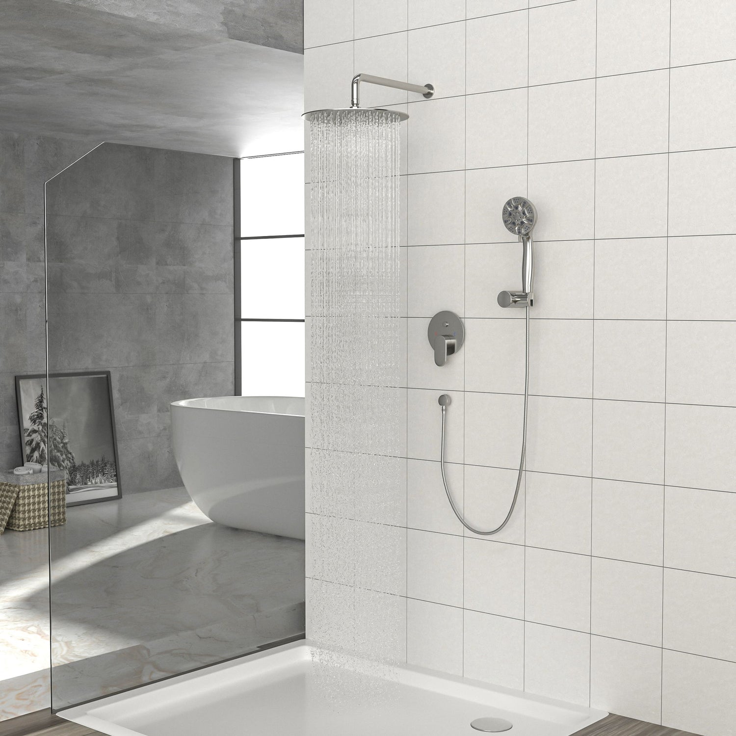 Dual Shower Head System With Rain Shower And Handheld, Wall Mounted, 10&quot; Round Design - Brushed Nickel