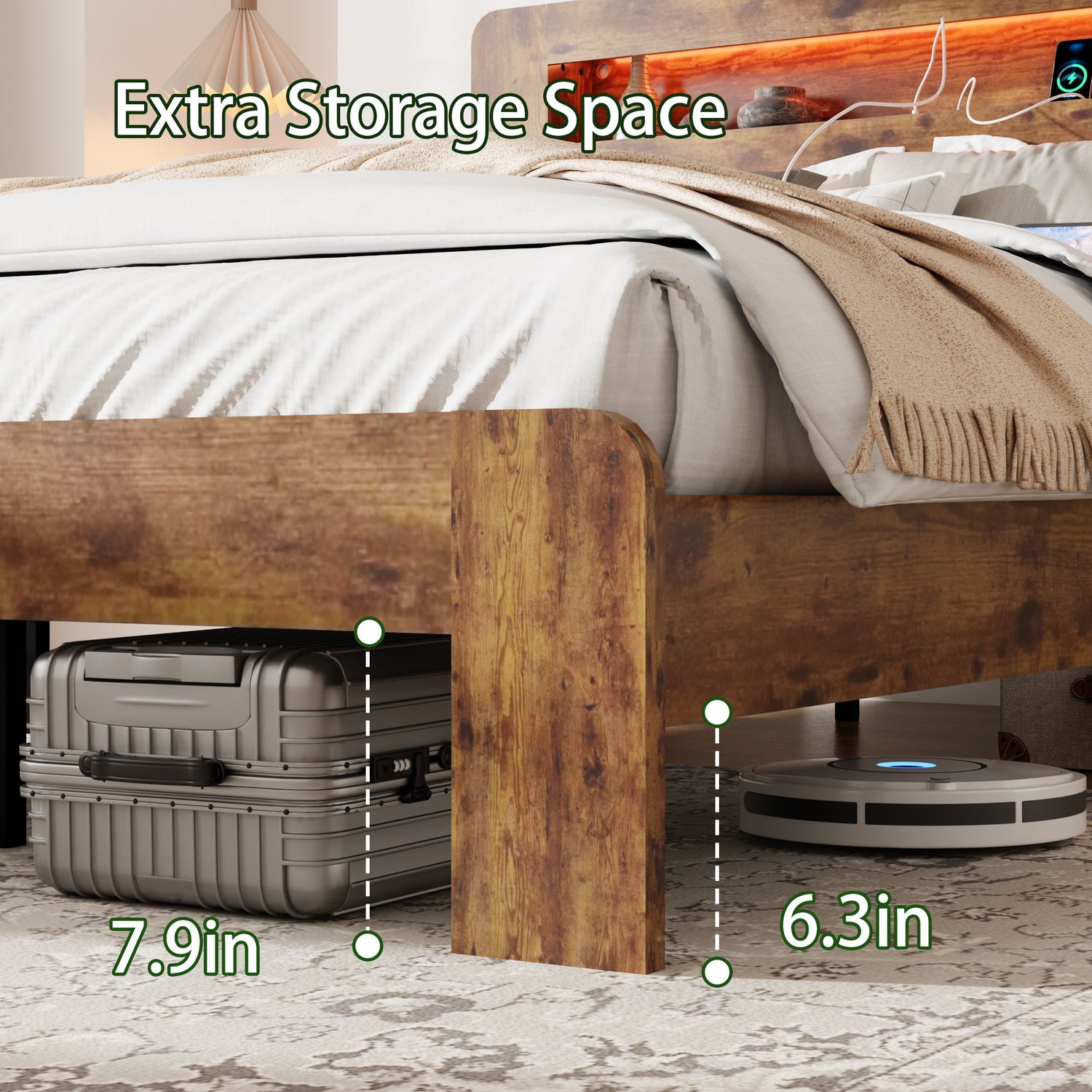 Wood Platform Bed Frame With Storage LED Light Headboard &amp; USB