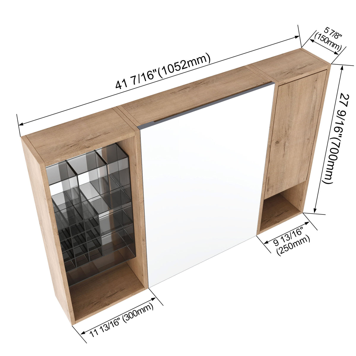 Wall Mounted Bathroom Mirror Cabinet &amp; Adjustable Shelves Storage Cabinet - Imitative Oak
