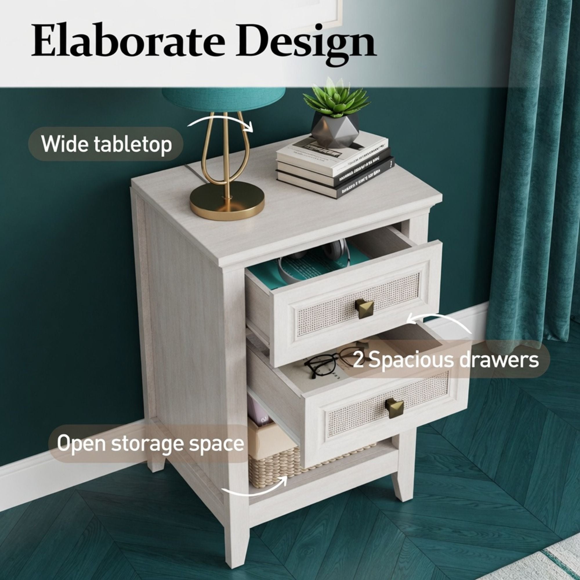 Nightstand With 2 Drawers &amp; Shelf - White