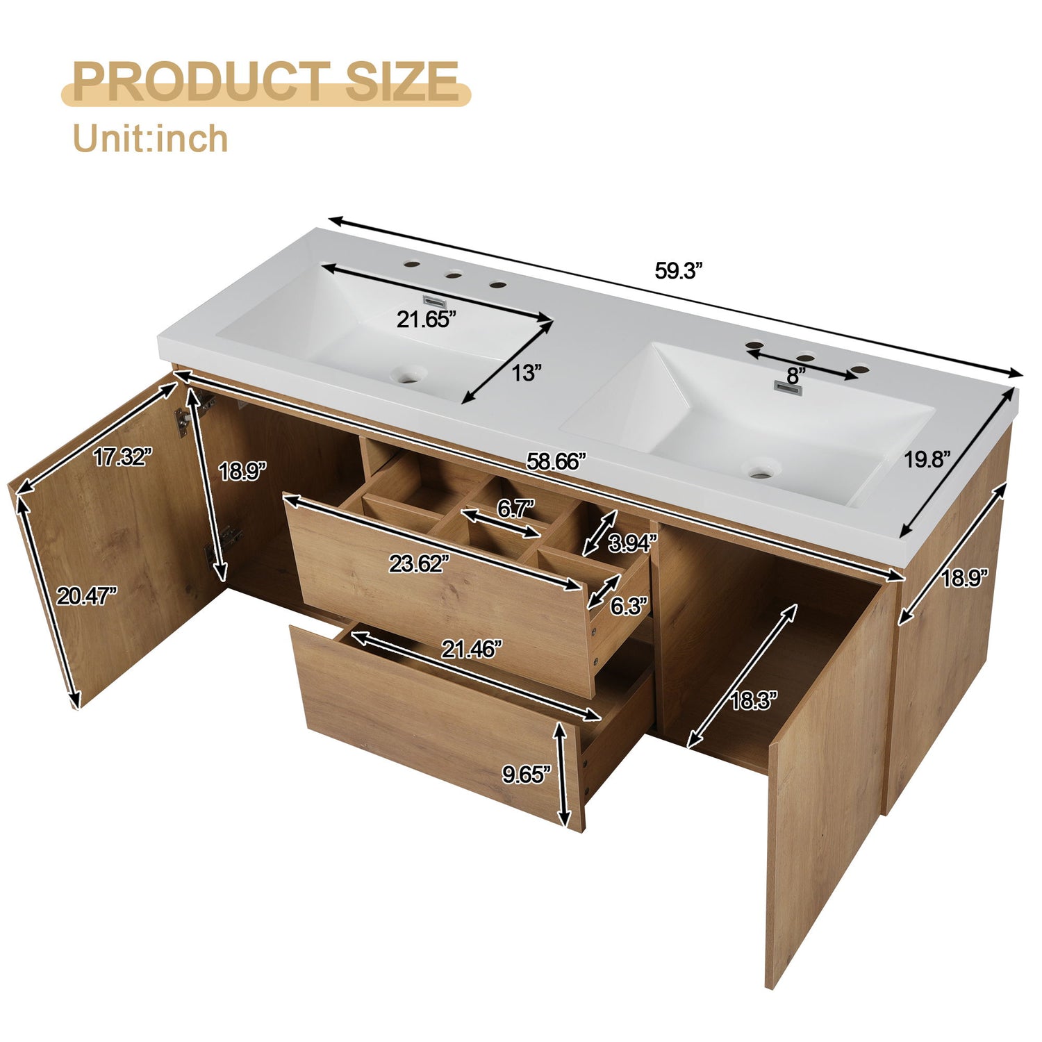 Double Sink Bathroom Vanity, Cabinet &amp; Soft Close Doors, Divided Drawers, Wall Mounted Storage - Wood