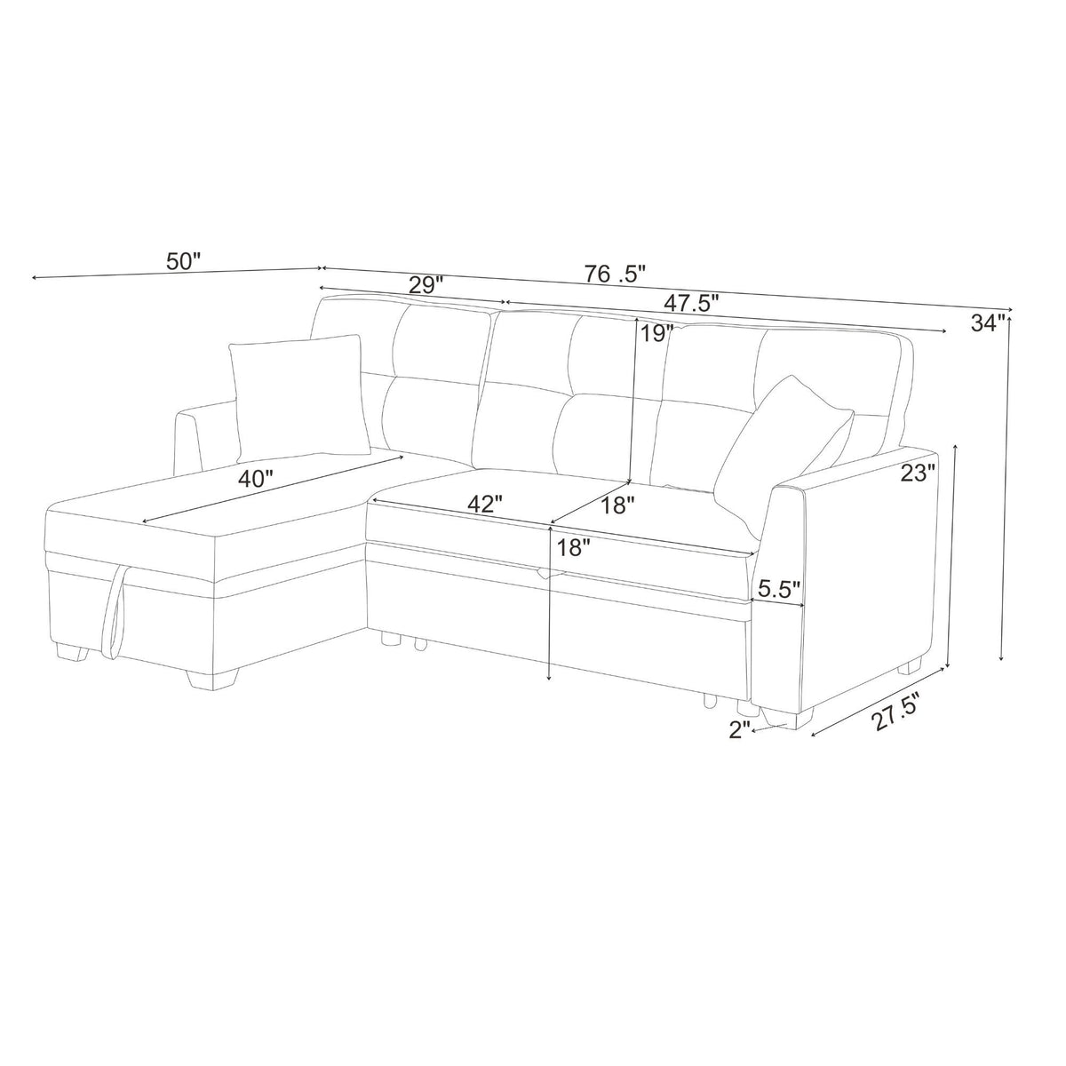 Upholstered Sectional &amp; Pull Out Bed And Chaise Storage - Almond