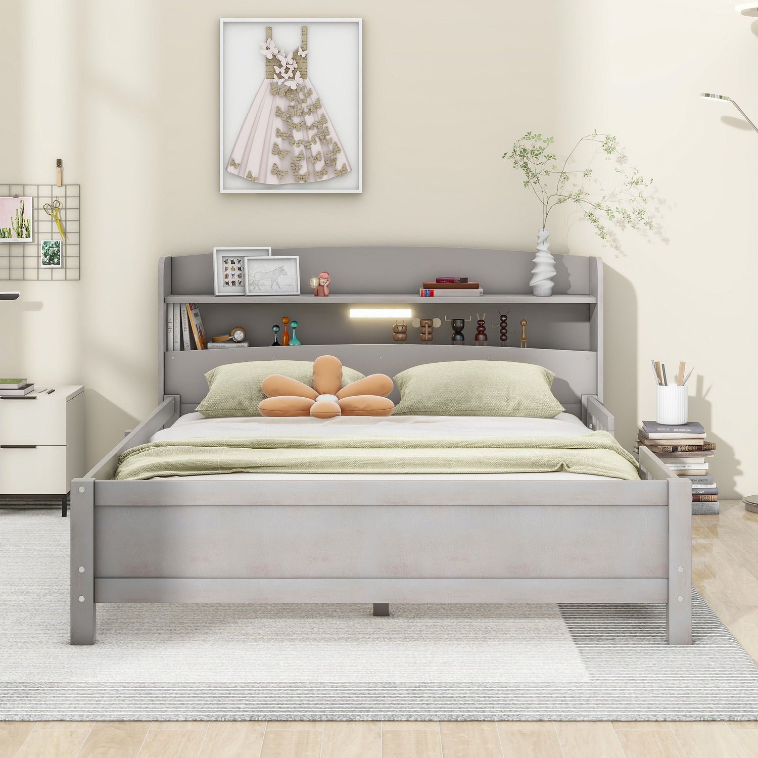 Wood Platform Bed With Built In LED Light, Storage Headboard And Guardrail