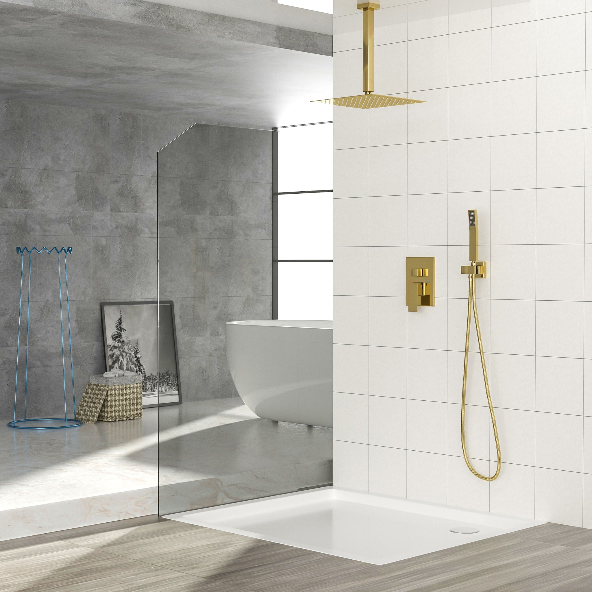 Modern Dual Shower Head System With 16&quot; Ceiling Mount Finish, Stainless Steel And Brass