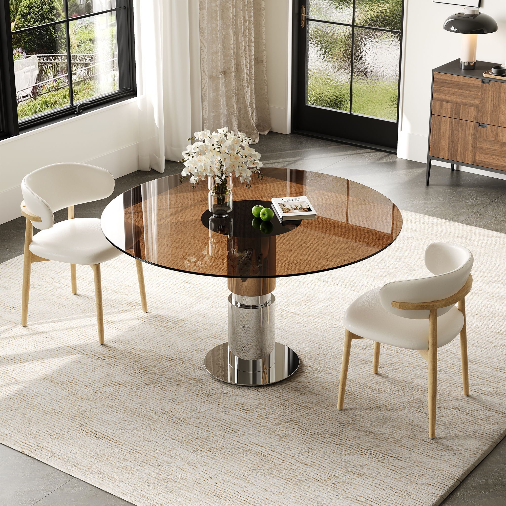 Round Glass Dining Table With Stainless Steel Legs And Chairs